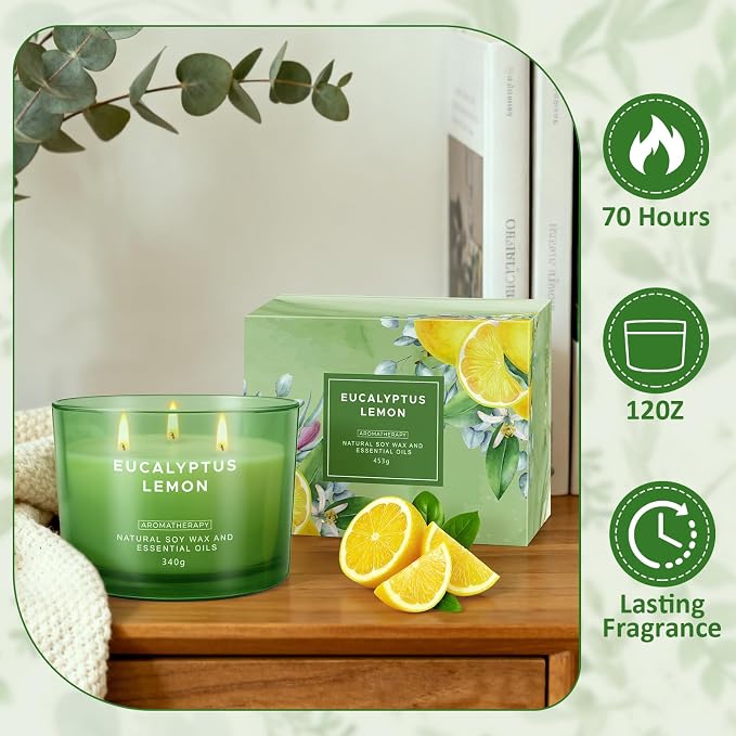 Eucalyptus Lemon Candles for Home Scented, 12oz Large Scented Candles for Women Men, Natural Soy Aromatherapy Candle, 70 Hours Long Burning Amber Jar Candle Gifts for Mom, Dad, Her, Wife