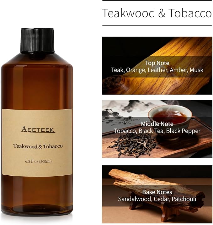 Reed Diffuser, Teakwood & Tobacco Essential Oil Diffuser with Diffuser Sticks, 6.8 oz (200ml) Musk Scented Oil, Handmade Home Air Freshener, Long-Lasting Room Scent for Office, Bathroom
