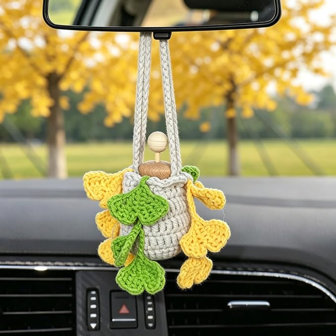 Car Essential Oil Diffuser, 10ml Empty Refillable Bottle with Crochet Hanging Plant Rear View Mirror Accessories, Home Office Decor