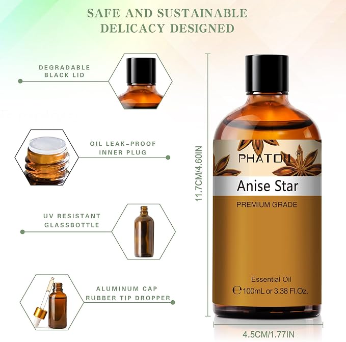 Anise Star 3.38fl.oz Essential Oil, PHATOIL Pure Aromatherapy Oils for Diffuser, Humidifier, Perfect for DIY Soap, Candle, Bath Bombs Making(100ml)