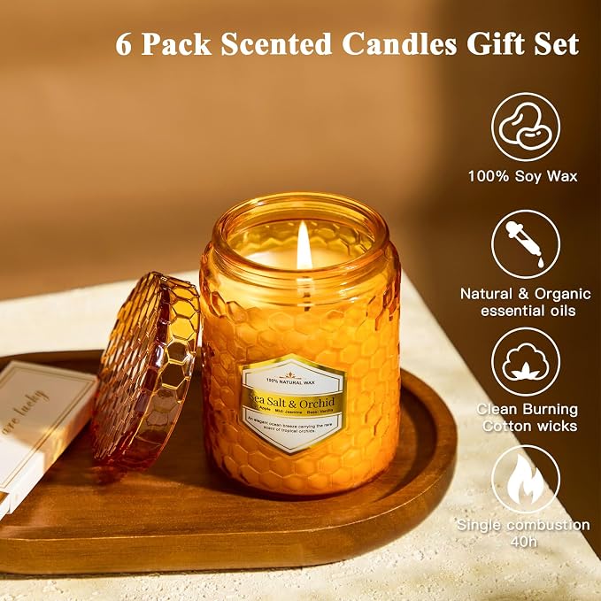 6 Pack Natural Soy Wax Jar Candles for Home, Scented Aromatherapy Gift Set for Women, 33 oz 240 Hour Long Lasting Candles Gifts for Mothers Day Birthday Women Valentine's Day
