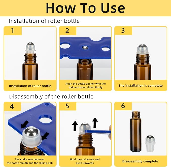 10ML Essential Oil Roller Bottles, 6 Pack Amber Oil Roller Bottles for Essential Oils, Roll on Bottle with Stainless Steel Balls(6 Labels, Opener, Funnel, Dropper Included)