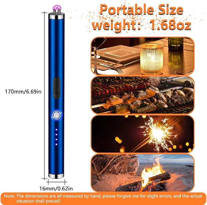 Candle Lighter Rechargeable Dual Arc Plasma Lighter for Kitchen, Windproof Long Lighter with LED Power Display, USB Lighters for Candle, BBQs, Fireworks, Camping (Blue)
