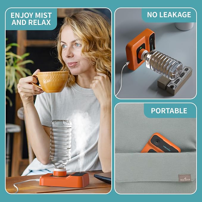 Portable Humidifiers for Travel, Small Mini Humidifier with Auto Shut-Off, Nightlight and Storage Bag for Hotel, Bedroom or Office, Plant Humidifier Indoor, Orange-Red