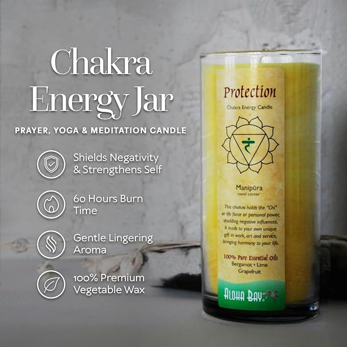 Premium Scented Candle Hand Made Chakra Energy Jar | 11 Oz Jar | Protection, Manipura| Yoga, Prayer & Meditation Candle | Long Burn 60 Hours | Essential Oils of Bergamot, Lime & Grapefruit | Aloha Bay