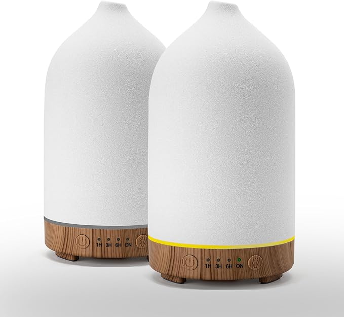 Gooamp 200ML Ceramic Essential Oil Diffuser (Set of 2) - Ultrasonic Aromatherapy & Humidifier with 7-Color LED Lights, Auto Shut-Off, Wood Grain Base, 1H/3H/6H Timer | Scent for Home, Office, Yoga