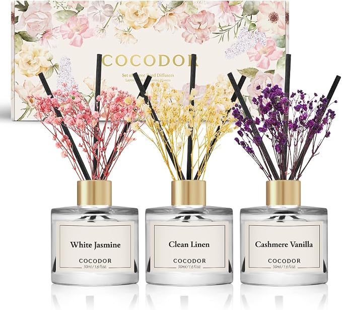 COCODOR Real Flower Reed Diffuser Set of 3/Clean Linen,Cashmere Vanilla,White Jasmine/1.6oz Each Pack/Home Fragrance Diffuser, Oil Scent Diffuser for Bathroom Shelf Decor