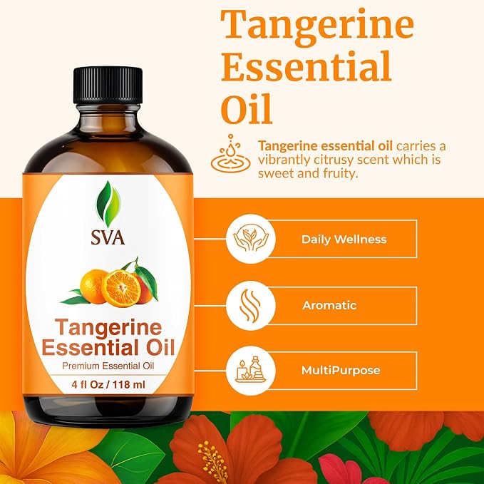 SVA Tangerine Essential Oil 4 Fl Oz – for Aromatherapy, Diffuser, Skin & Hair Care – Ideal for Massage & DIY Blends – with Dropper