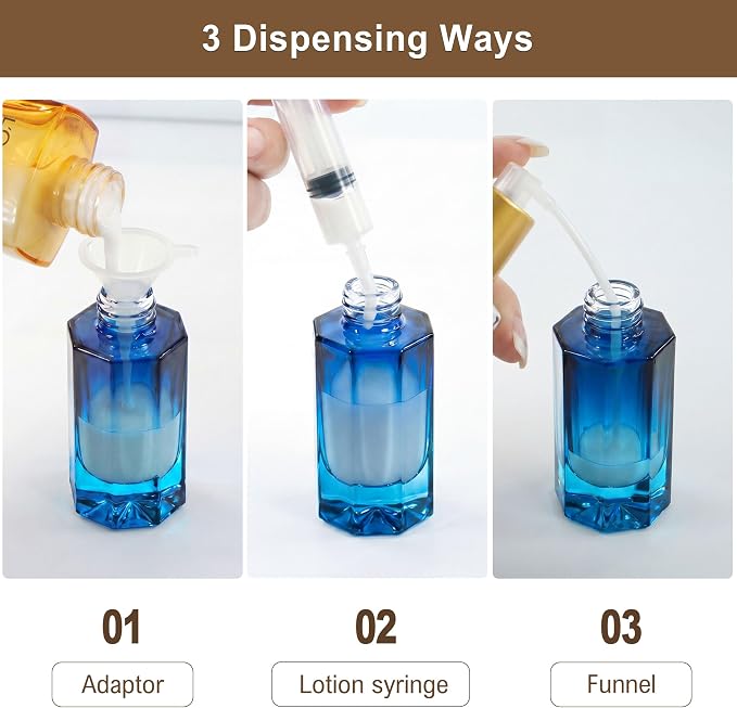 1oz Travel Pump Bottle, 30ml Gradient Glass Liquid Dispensing Bottle with 3 Transfer Tools, Leak-Proof Small Refillable Makeup Containers for Toiletries, Lotion, Essential Oils (Black-Blue Gradient)