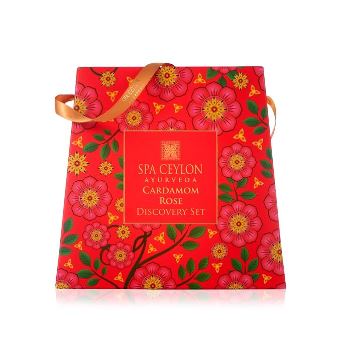 Spa Ceylon Ayurveda Cardamom Rose Discovery Set – 4-Piece Natural Uplifting Spa Gift Set with Himalayan Rose & Organic Ceylon Cardamom - Bath Gel, Body Lotion, Pillow Mist & Scrub
