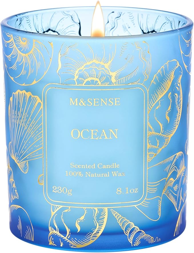 M&SENSE Natural Soy Wax Ocean Scented Candles, 8.1oz Non Toxic Soy Candle 42-Hour Slow Burning, Summer Fresh Smelling Candle for Bathroom Decor, Stress Relief Aromatherapy Candle Gifts