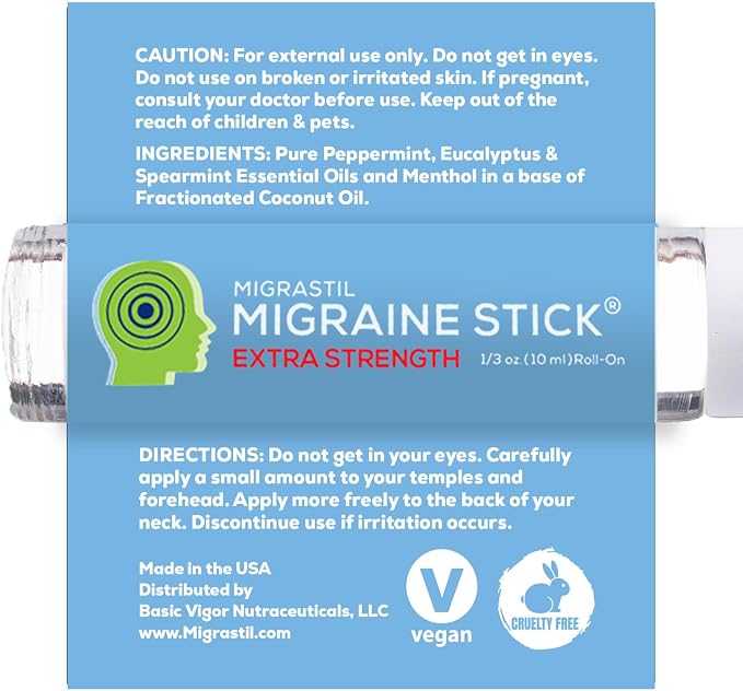 Basic Vigor Migrastil Extra Strength Migraine Stick Advanced Formula, Strong Aromatherapy Roll On Includes Menthol, Essential Oils, No Lavender, Made in The USA.