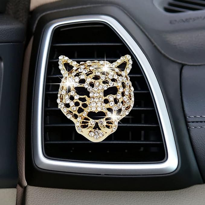 2 Pcs Bling Leopard Air Vent Clips, Crystal Leopard Car Air Fresheners Vent Clips Car Diffuser Vent Clip Rhinestone Decoration Interior Decor Diamond Bling Accessories for Women (Golden)