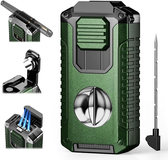 5-in-1 Torch Lighter with Tool, Punch, Holder, and Draw Enhancer Tool, Triple Windproof Jet Flame, Refillable Lighters with Accessories, Cool Lighter Gifts for Men, Butane Lighter for Candle, Travel