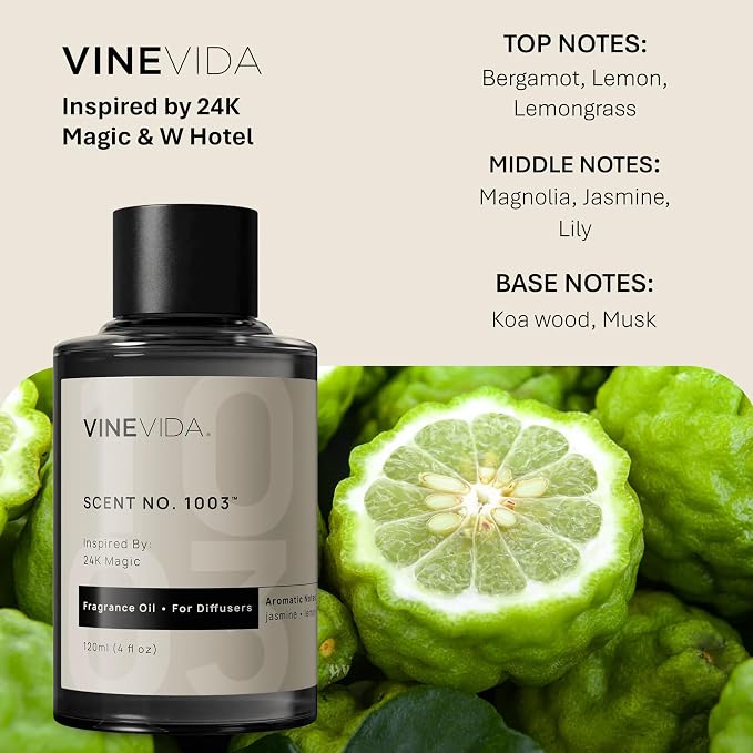 VINEVIDA [4 Fl Oz] Scent NO. 1003 Inspired by 24K Magic Fragrance Oil for Cold Air Diffusers, Aromatic Notes of Lemon Jasmine Musk, Essential Oils for Diffuser Oil Refill & Air Freshener Room Spray