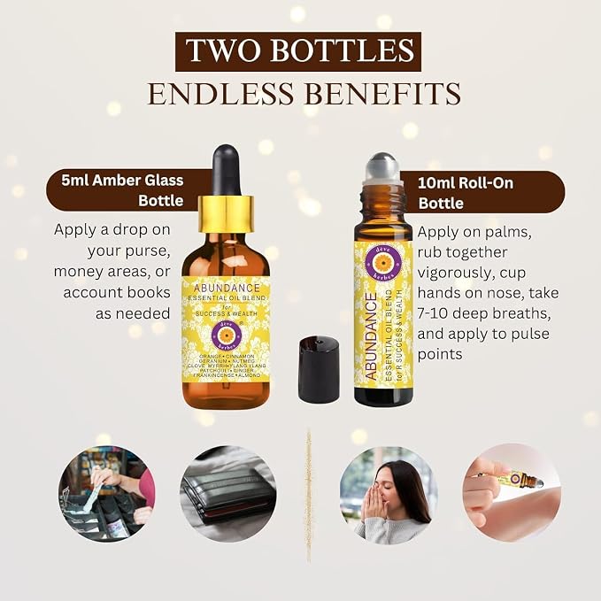 déve herbes Abundance - Essential Oil Blend for Success & Wealth with Orange, Cinnamon, Geranium, Nutmeg, Clove, Myrrh, Ylang Ylang, Patchouli, Ginger, Frankincense Essential Oils 10ml & 5ml