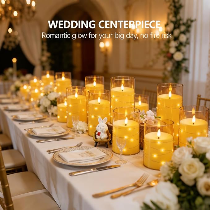 kakoya Flameless LED Candles with Timer 12 Pc Flickering Flameless Candles for Romantic Ambiance and Home Decoration Stable Acrylic Shell,with Embedded Star String，Battery Operated Candles(Gold)