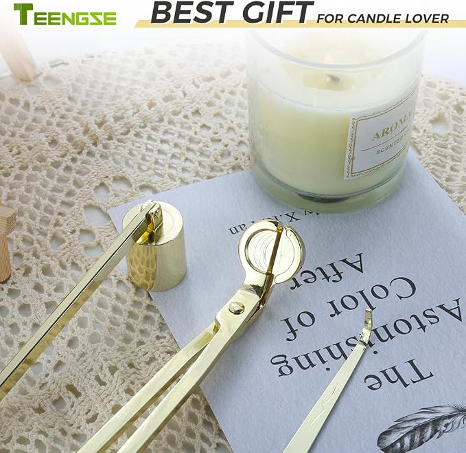 3 in 1 Candle Accessory Set, Candle Wick Trimmer, Candle Wick Snuffer, Candle Wick Dipper, Beautiful Box for Candle Lover (Gold)
