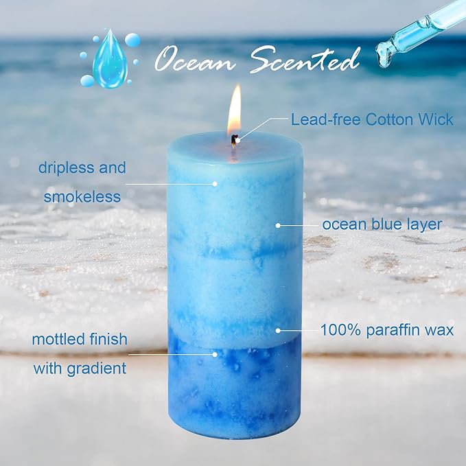 Pillar Candles Ocean Scented, Immeiscent Aromatherapy Candles, 60+ Hours Burn Long Lasting, Blue Mottled Layered Candles for Home Scented, SPA, Restaurant, Set of 3