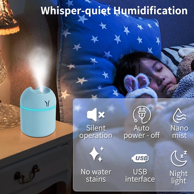 Portable Mini Humidifier, 250ML Small Humidifier, 3-in-1 Colorful Mini Humidifier + Night Light + Car Humidifier, Cool Mist Humidifier with Aroma Pads, USB Portable Humidifier For Travel (Blue)