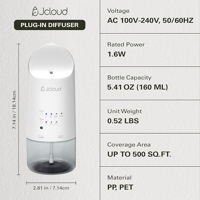 JCLOUD Plug in Diffuser Covers Up to 500 Sq. Ft. for Home, Office, Spa – Waterless Scent Diffuser Starter Kit with Royal Serenity Essential Oil Inspired by Luxury Hotel 140mL, White