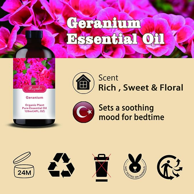 Geranium Essential Oi, Geranium Oil for Skin Care, Diffuser, Humidifier, Massage, DIY Soap, Candle, Yoga, Gift Ready,Geranium Fragrance Oil - MLYNKL Essential Oils (4.33 fl oz / 130ml)