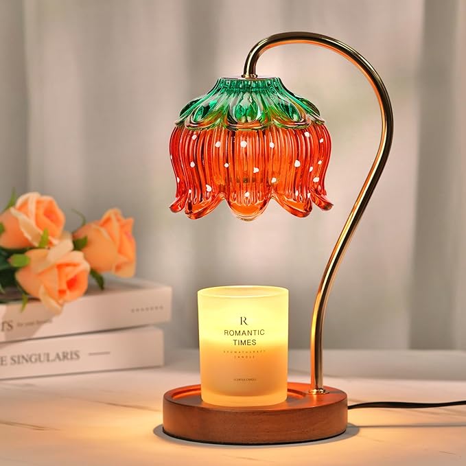 Funistree Flower Candle Warmer Lamp with Timer, Dimmable Candle Lamp Warmer, Christmas Birthday Gifts for Women Mom Her, Housewarming Home Decor, Lotus Wax Warmer for Yankee - Strawberry 10 Inch