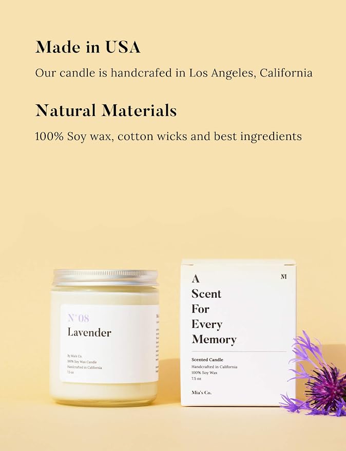 Mia's Co Lavender Scented Candle, Handmade with Natural Soy Wax and Cotton Wicks, 7.5 oz Minimalist Aromatherapy Candle for Home, Long Lasting Burning for Stress Relief, Candle Gift for Women