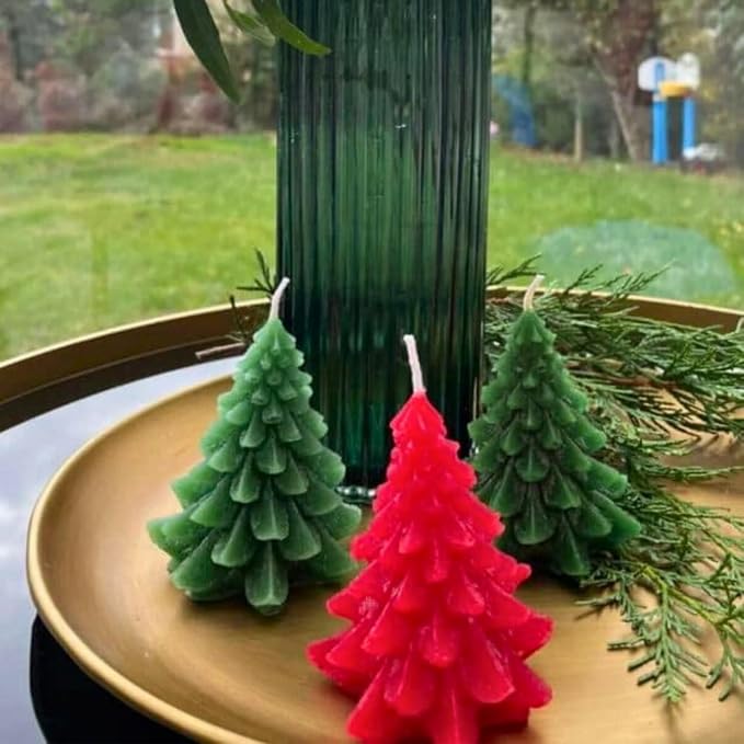Christmas Tree Shaped Candle Set – Red & Green Unscented Decorative Holiday Candles, Pine Tree Design for Christmas Decor, Winter Table Centerpieces, Gifts – Handmade Wax Candles (2 Pack)