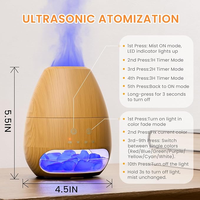 Ultrasonic Essential Oil Diffuser with Himalayan Salt Rock,Flame Diffuser with 7 LED Light,100ML Small Aromatherapy Oil Diffuser with Auto Off Function for Home, Office,Spa,Wooden Grain
