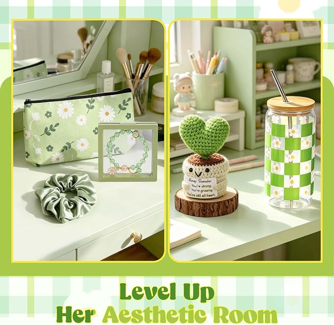 Birthday Gifts Baskets for Women, Get Well Soon Care Package for Girls | 9 PCS Fresh Green Teen Girl Gift Trendy Stuff, Pick Me Up Gift Box, Surgery Recovery Care Package , Cheer Up Feel Better