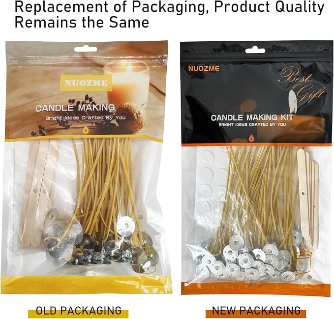 50 Pcs 6" Natural Candle Wicks,Pre-Waxed by 100% Beeswax & Tabbed with 60Pcs Candle Wick Stickers and 5 Pcs Wooden Candle Wick Centering Device, for Candle Making，Candle DIY