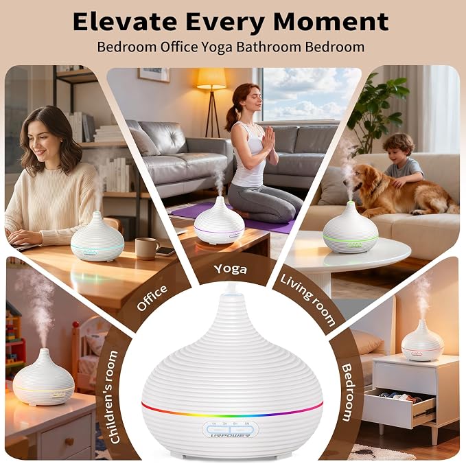 URPOWER 300ml Sleep Diffuser for Bedroom, All-Night Essential Oil Diffuser, Quiet Ultrasonic Cool Mist, Auto-Off & Timer, 7 LED Color Diffusers Humidifier for Home Office & Large Rooms