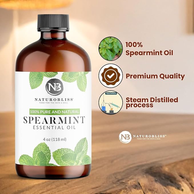 NaturoBliss Spearmint Essential Oil, 100% Pure and Natural Therapeutic Grade, Premium Quality Spearmint Oil, 4 fl. Oz - Perfect for Aromatherapy and Relaxation