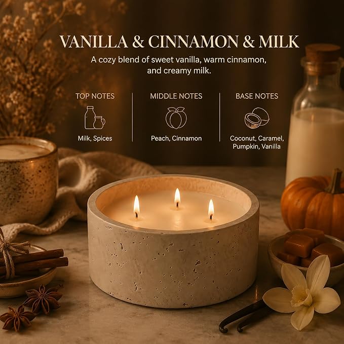 3-Wick Scented Candle-Vanilla & Cinnamon & Milk,Soy Coconut Wax Blend Candle with Acacia Wood Lid,21oz Large Candle,45-Hour Long Burning,Aromatherapy Candle for Home Decor