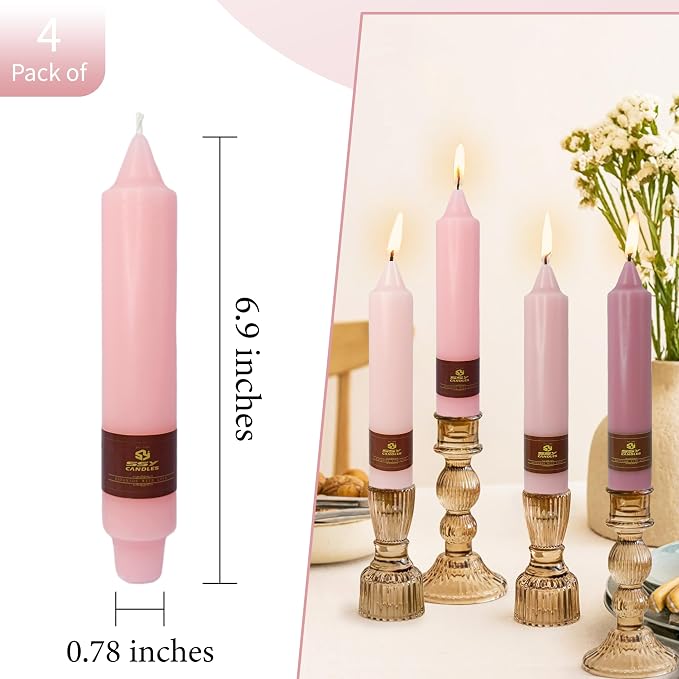 7 Inch Gradient Pink Taper Candle Set of 4 Unscented Candles Sticks Smokeless Short Tapered Candles for Home Party Wedding Decoration Valentine's Day Anniversary & All Special Occasions
