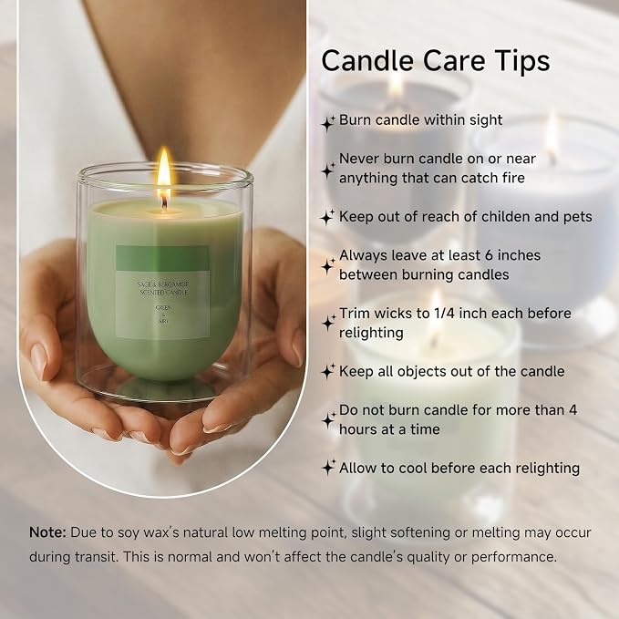 Sage Citrus Scented Green Candles, Natural Soy Non Toxic Single Wick Aromatherapy Candle for Home Decor, Summer Fragrance