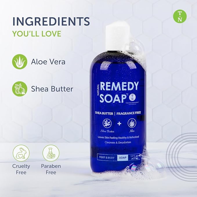 Truremedy Naturals Shea Butter Body Wash – Fragrance-Free Moisturizing Shower Gel for Men and Women – Hydrating Body Soap with Aloe, Jojoba, and Rosemary Oil, 12 oz