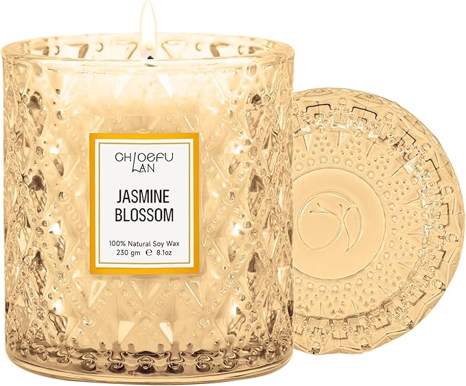 Jasmine Blossom Scented Candle, Luxury Soy Candles, 55 Hours Slow Burning, Non Toxic, Gift-Ready for Hosts & Gatherings, Farmhouses Home Decor, Long Lasting for Bath & Office, 8.1oz
