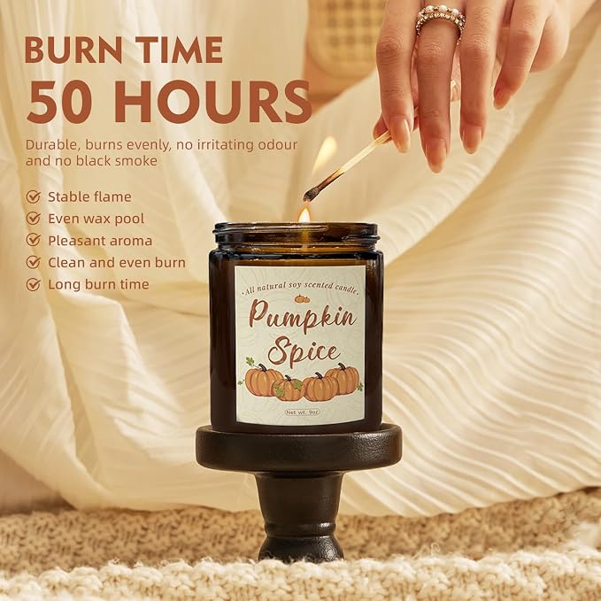 Pumpkin Spice Soy Wax Candle, Fall Seasonal Decor, 50+ Hours Burn Time, Halloween & Thanksgiving Gift, Eco-Friendly