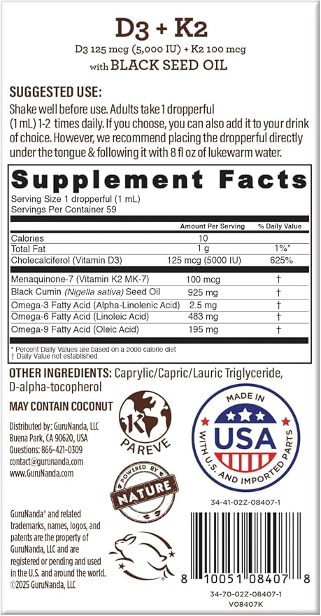 GuruNanda Black Seed Oil, Cold-Pressed Nigella Sativa - Rich in Vitamin D3 5000 Units, K2 & E, High Thymoquinone | Potent Antioxidant for Immune Support, Non-GMO, 2 Fl.oz (Pack of 3)