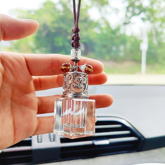 Car Air Freshener Diffuser Hanging Ornament, Diamond-Shaped Empty Crystal Bottle Car Mirror Hanging Accessories, Elegant Bottle Pendant with Wooden Caps Rear View Mirror Accessories