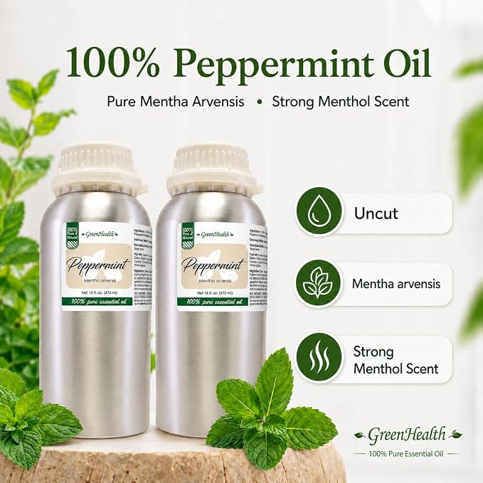 GreenHealth Peppermint Essential Oil – 4 Pack (16 fl oz Each) – 100% Pure & Uncut – Strong Menthol Scent – Aluminum Bottles for Diffusers, Cleaning, DIY Use
