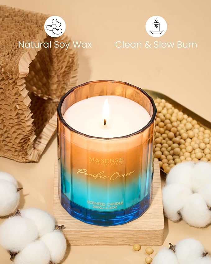 M&SENSE Summer Ocean Scented Candles for Home, 10.6oz All Natural Soy Wax | 60-Hour Long Lasting, Clean Non Toxic , Marine Breeze Smelling Aromatherapy Candle for Housewarming Gifts