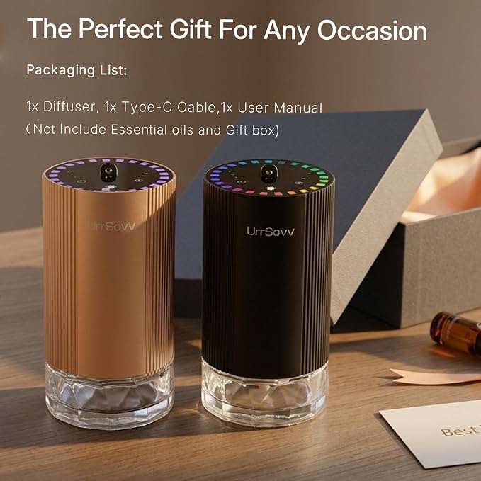 UrrSovv Car Diffuser for Essential Oils Cordless Waterless Battery Operated Car Diffuser Portable 60ML Air Freshener Wireless Diffuser 3 Timers & 3 Mist Levels for Car Home Bedroom Travelling (Black)
