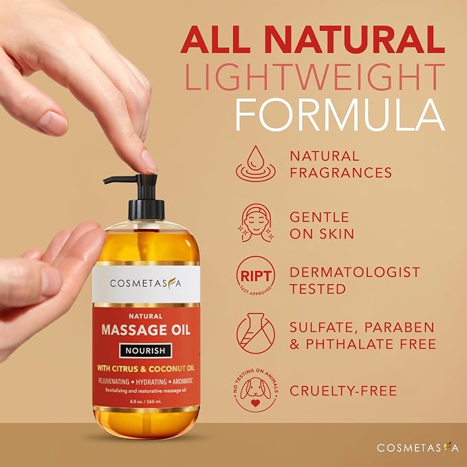 Natural Nourishing Massage Oil with Massage Roller Ball - Therapeutic Citrus & Coconut Massage Oils with Rejuvenating, Hydrating & Aromatic Essential Oils for Dry Skin, Soothes Muscle & Joints 8.8 oz