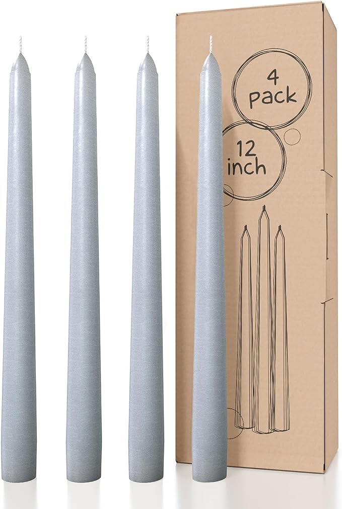 CANDWAX 12 inch Taper Candles Set of 4 - Dripless and Smokeless Candles Unscented - Slow Burning Candle Sticks - Light Gray Candle Taper