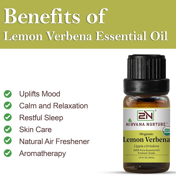 Lemon Verbena Essential Oil, USDA Certified Organic, 100% Pure Undiluted, Aromatherapy Oil for Diffuser, Hair & Skin Care