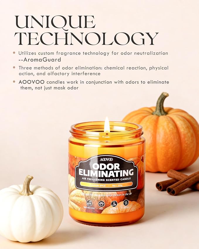 AOOVOO Pumpkin Spice Odor Eliminating Highly Fragranced Candle - Eliminates 95% of Pet, Smoke, Food, and Other Smells Quickly, Non Toxic Air Freshing Soy Candle, 9 oz Up to 50 Hours Burn time