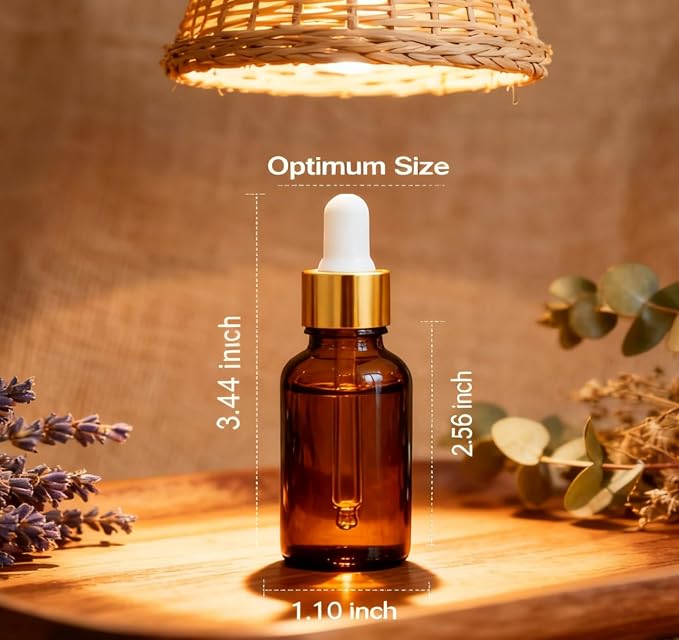 PrettyCare Glass Eye Dropper Bottles 99 Pack, 0.5oz (15ml) Small Amber Empty Thick Bottles with Leakproof Golden Caps - With Labels & Funnels for Storage, Travel, Essential Oils, Tinctures